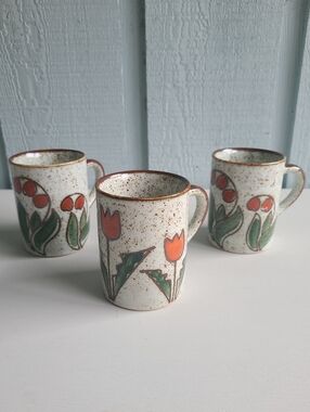 Vintage Speckled Stoneware Floral Mugs